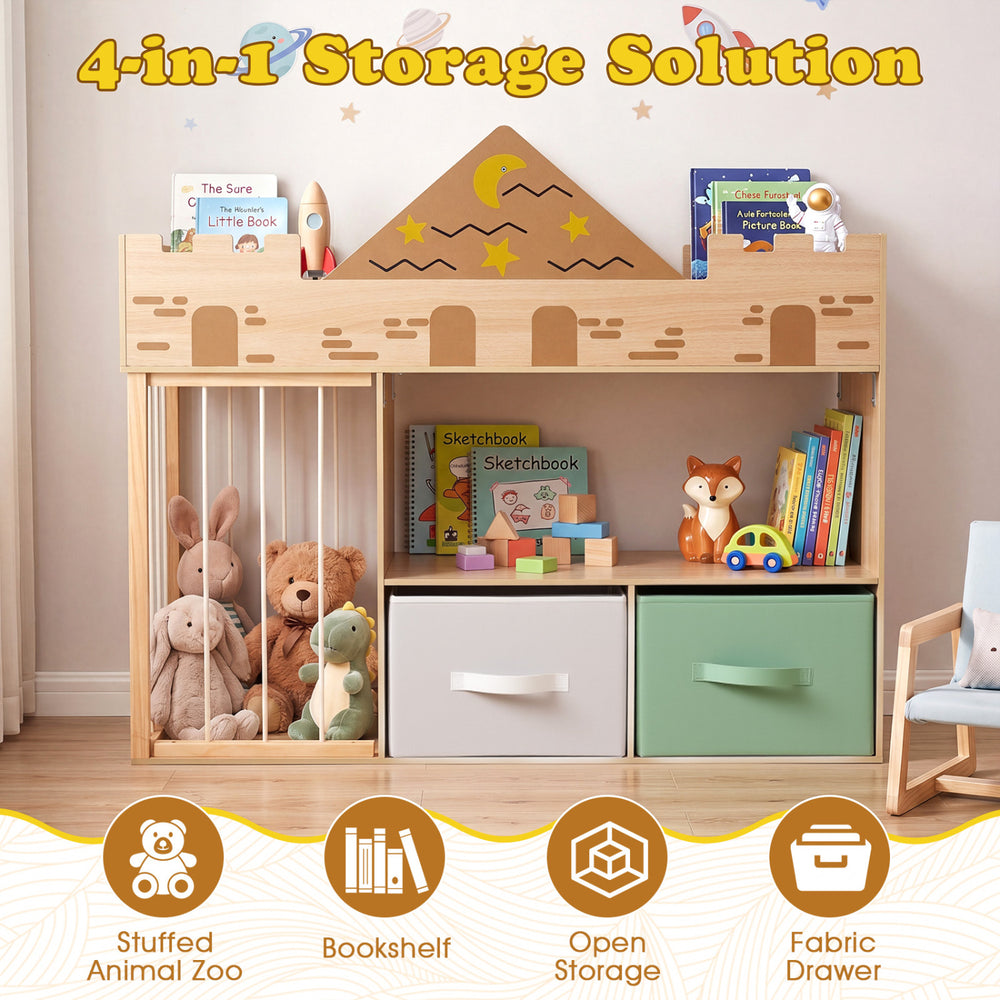 Toy storage organizer with a creative castle shape, featuring open shelves, fabric drawers, and elastic rope for plush toys.
