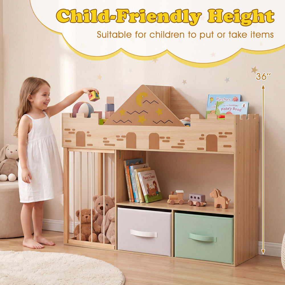 Toy storage organizer with open shelves and fabric drawers, designed at a child-friendly height for easy access.