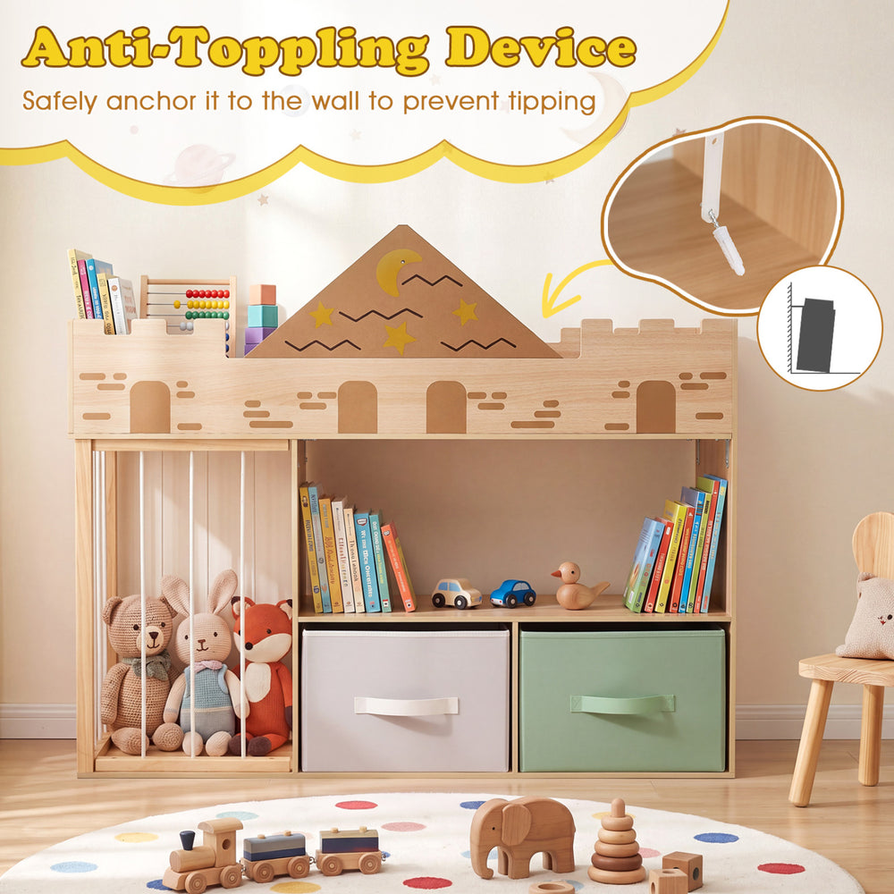 Toy storage organizer in natural wood with open shelves, fabric drawers, and anti-toppling device for children's safety.