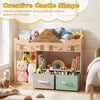 Toy storage organizer in a creative castle shape with open shelves and fabric drawers for children's playrooms.