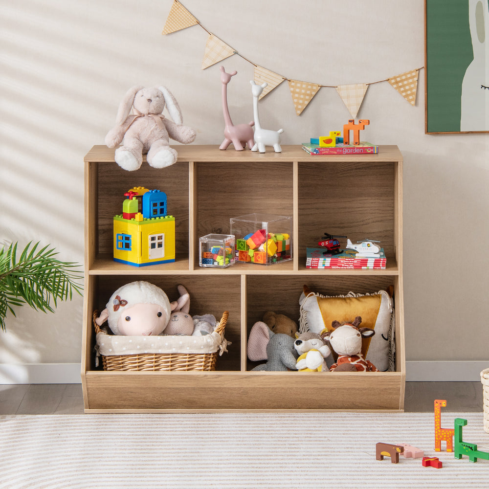 5-cube wooden kids toy storage organizer in natural finish, featuring anti-tipping kits and classified storage for.