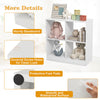 4-cube kids bookcase in white with covered screw holes, sturdy baseboard, and protective foot pads for stability.