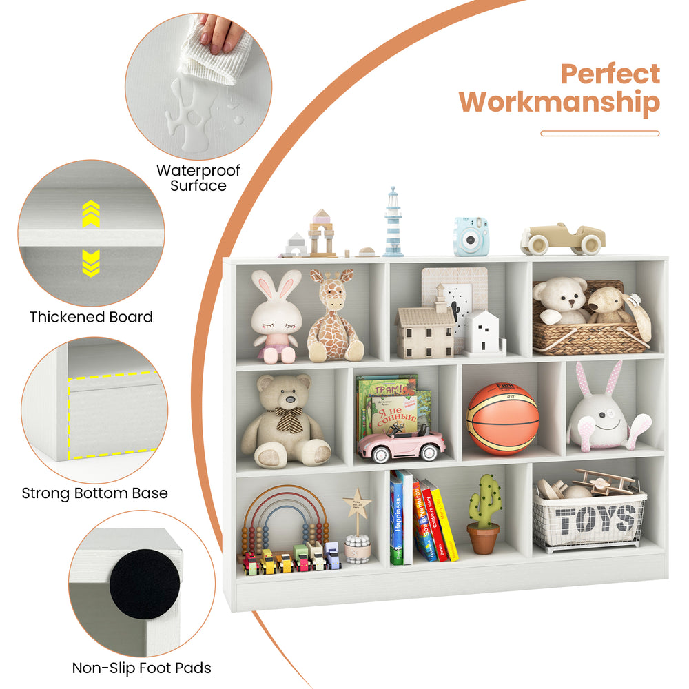 41-inch wooden toy storage organizer in white with 10 open cubes, ideal for classrooms and nurseries, featuring a.