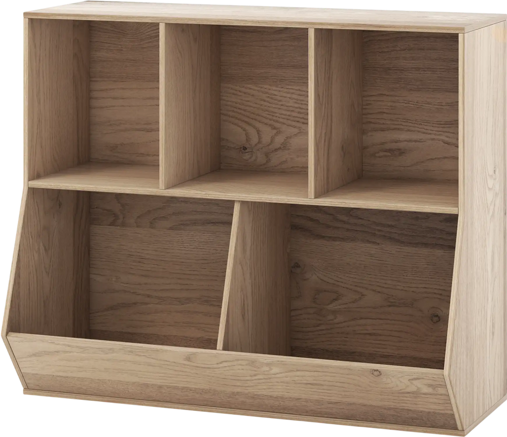 5-cube wooden kids toy storage organizer in natural finish with anti-tipping kits, ideal for playroom or reading room.