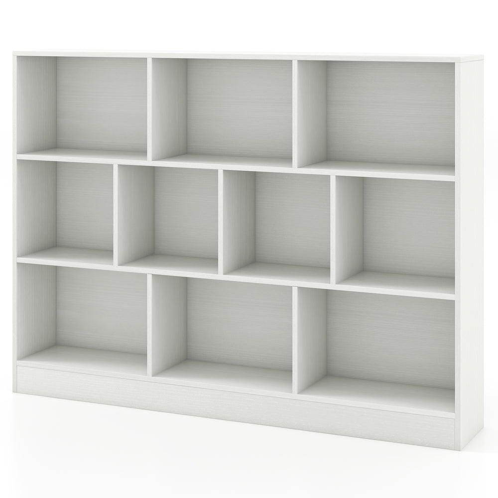 Wooden toy storage organizer with 10 open cubes in white, ideal for classrooms and nurseries, providing ample display.
