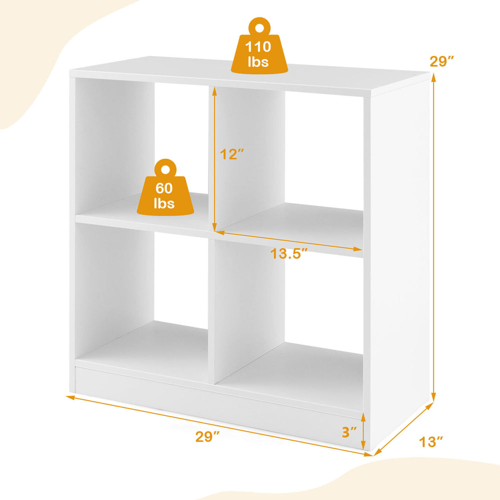 4-cube kids bookcase in white with open shelves, designed for toy and book storage, featuring anti-toppling device for.