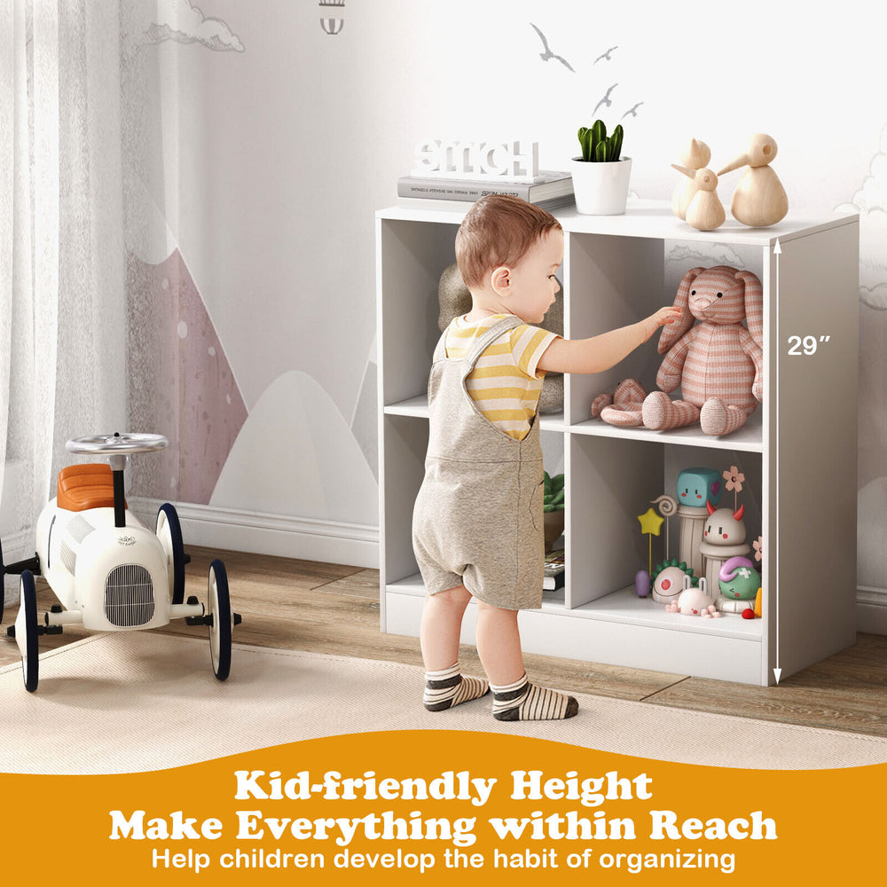 4-cube kids bookcase in white, designed for toy and book storage, featuring a kid-friendly height for easy access.