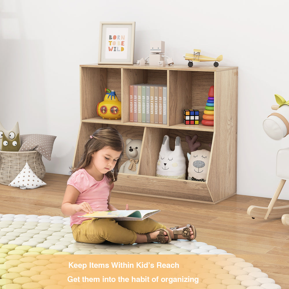 5-cube wooden kids toy storage organizer in natural finish, designed for safe and easy access to toys and books.