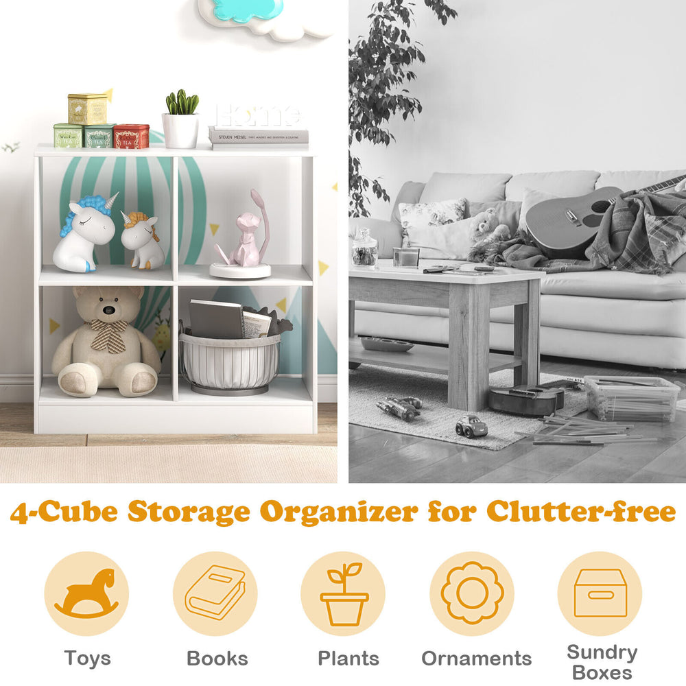 4-cube kids bookcase in white, ideal for storing toys, books, and ornaments, ensuring a clutter-free room.