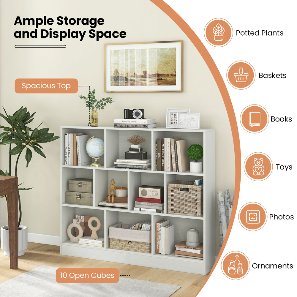 41-inch white wooden toy storage organizer with 10 open cubes, ideal for kids' rooms and easy access to toys and books.