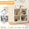 4-cube kids bookcase in white with open shelves, featuring anti-toppling device for safe storage of toys and books.