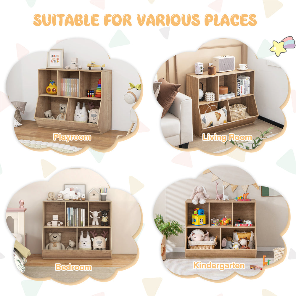 5-cube wooden kids toy storage organizer in natural finish, ideal for playroom, bedroom, and kindergarten use.