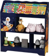 Kids toy storage organizer in navy with bookshelf and cabinet, perfect for keeping children's rooms tidy and organized.