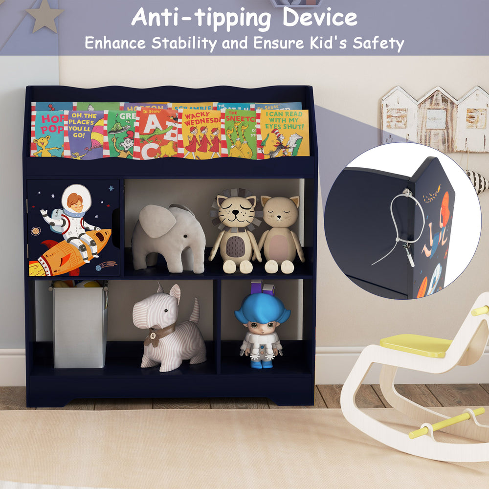 Kids toy storage organizer in navy with bookshelf and cabinet, featuring anti-tipping device for safety and ample.