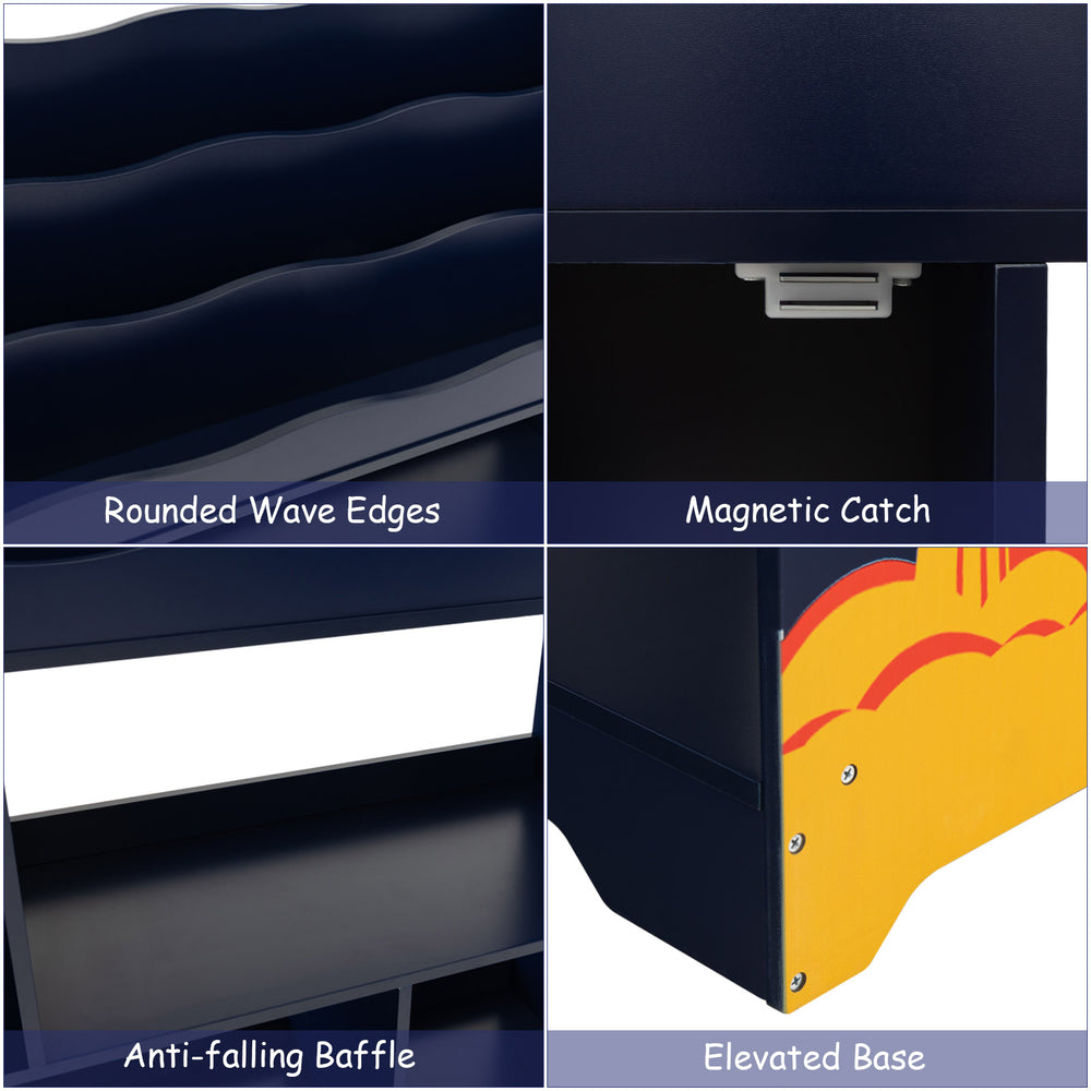 Rounded wave edges and magnetic catch of the navy kids toy storage organizer with anti-falling baffle for safety.