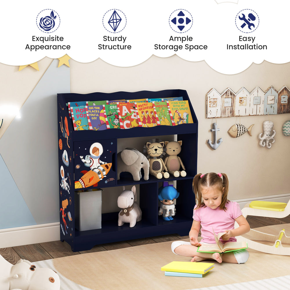 Kids toy storage organizer in navy with bookshelves and cabinet, offering ample storage for toys and books in.