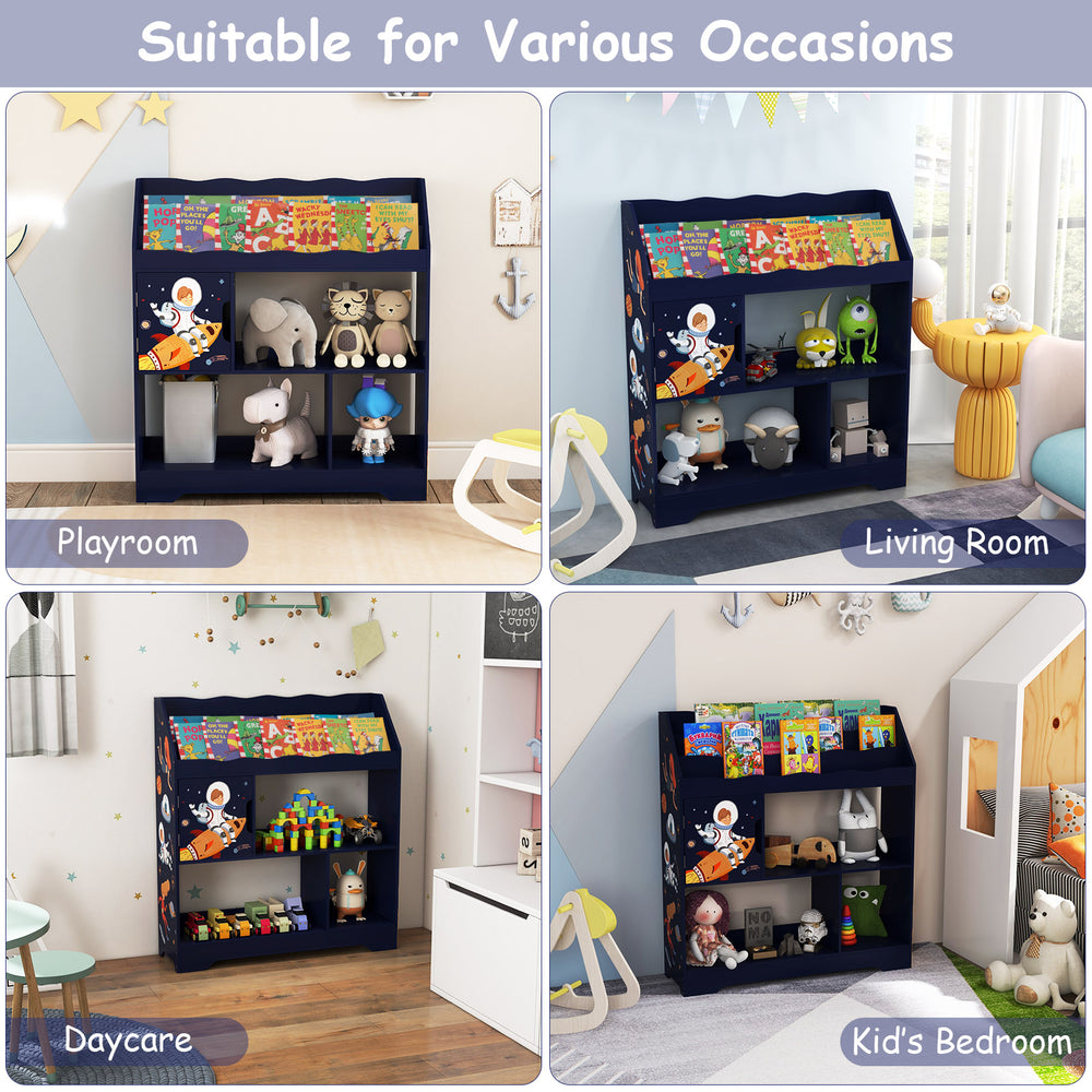 Kids toy storage organizer in navy with bookshelves and cabinet, perfect for keeping rooms tidy and organized.