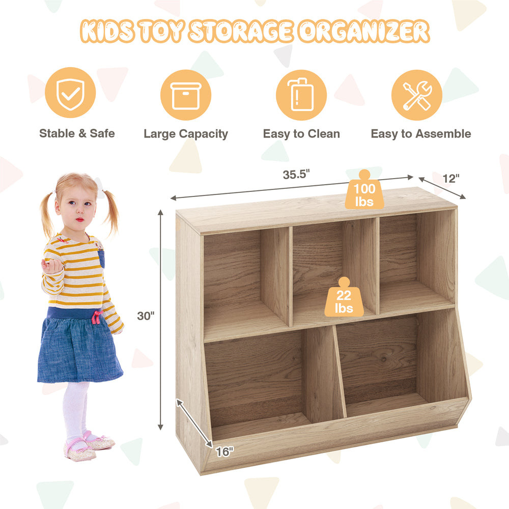 5-cube wooden kids toy storage organizer in natural finish, featuring anti-tipping kits, for playroom or bedroom use.