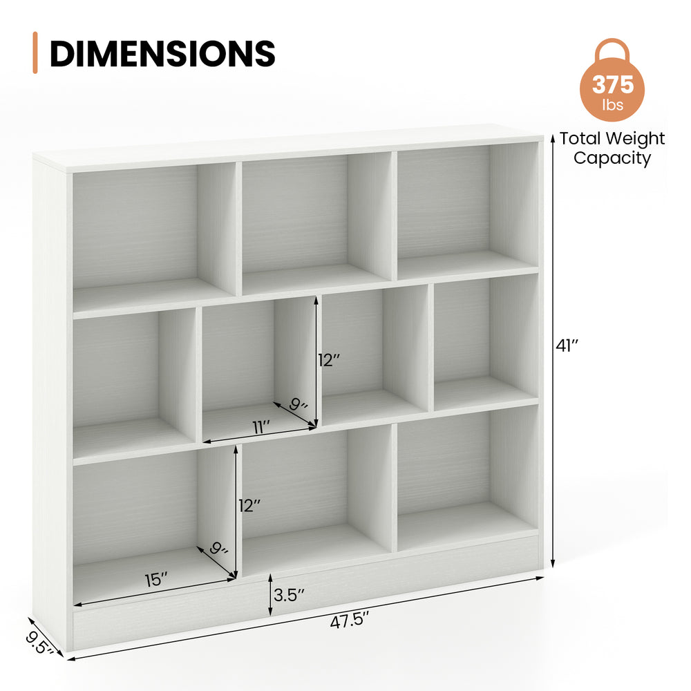 Wooden toy storage organizer with 10 open cubes, 41 inches tall, ideal for kids' rooms and easy access to toys.
