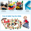 80-piece wooden train set with colorful tracks, gas station, and helicopter pad, designed for safe play and imagination.