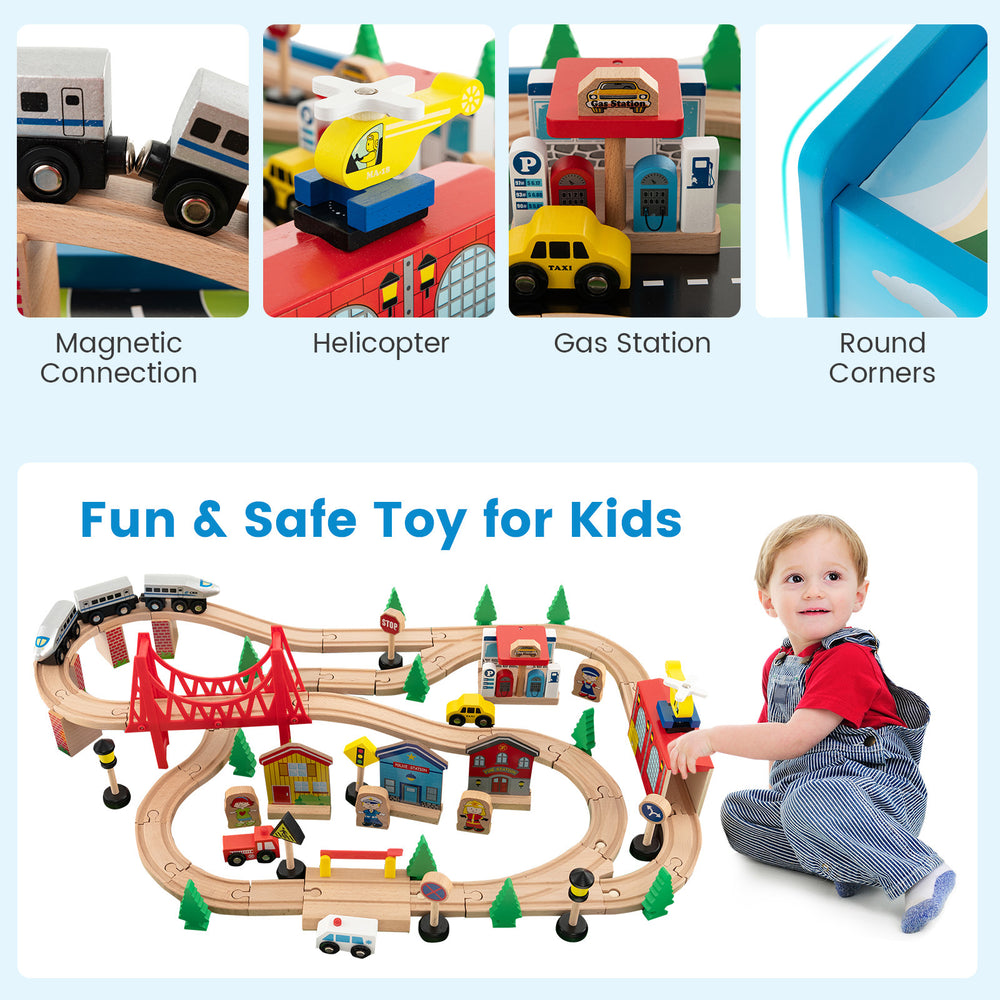80-piece wooden train set with colorful tracks, gas station, and helicopter pad, designed for safe play and imagination.