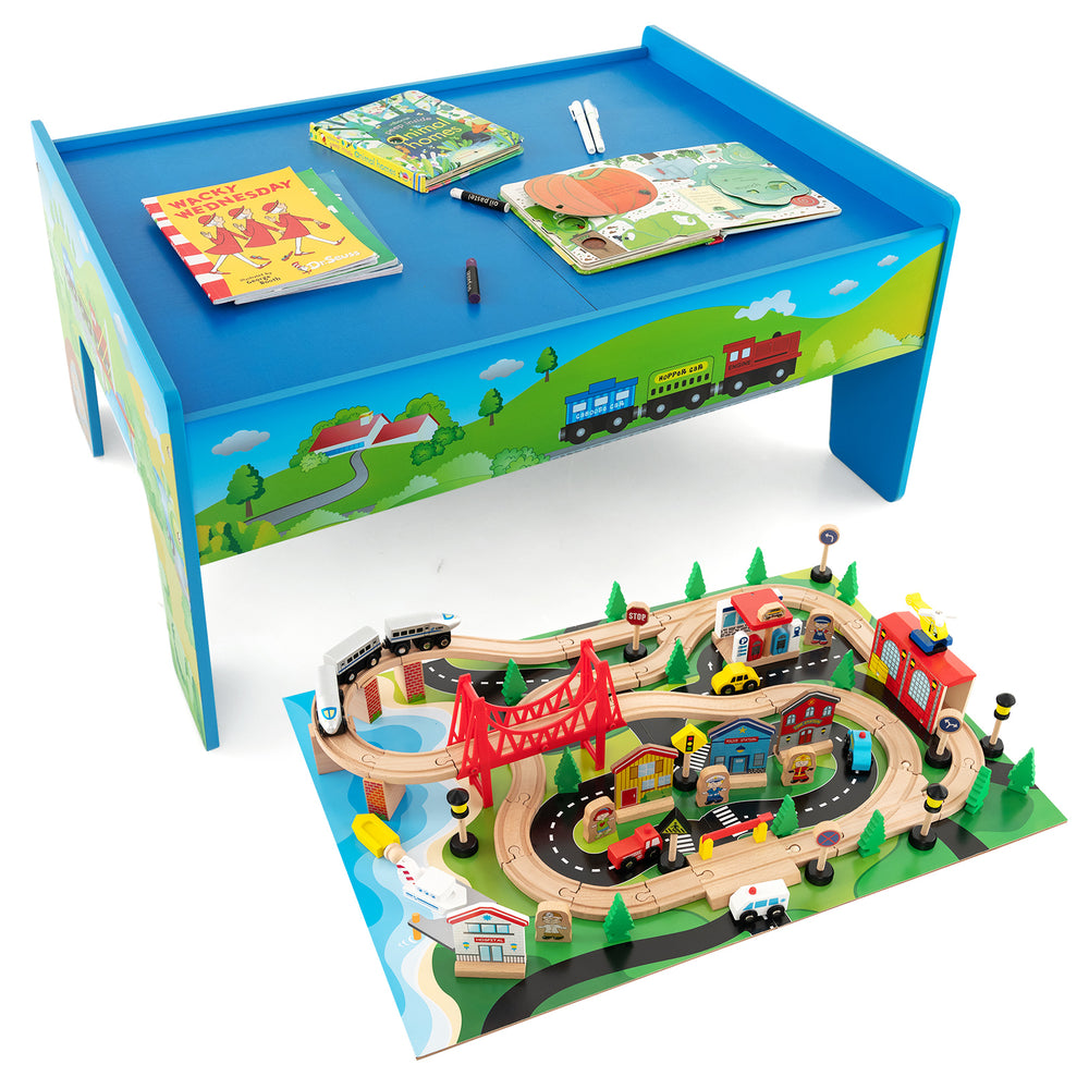 Colorful 80-piece wooden train set with removable tabletop for play and study, featuring a realistic gas station and.