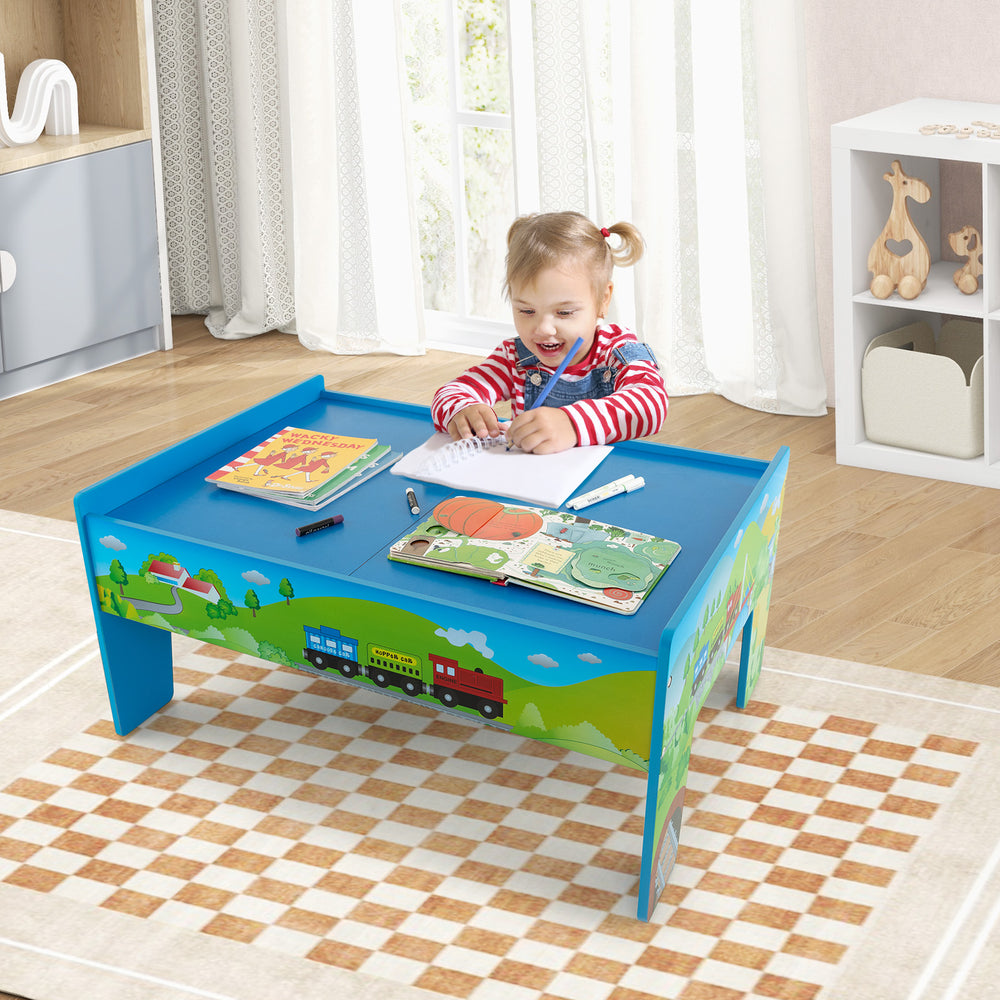 Colorful children's activity table with removable top, perfect for drawing and playing with the 80-piece wooden train.