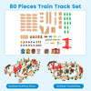 80-piece wooden train set with tracks, accessories, and colorful tabletop for imaginative play and fine motor skill.