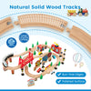 Colorful 80-piece wooden train set with solid wood tracks, gas station, and helicopter pad for imaginative play.