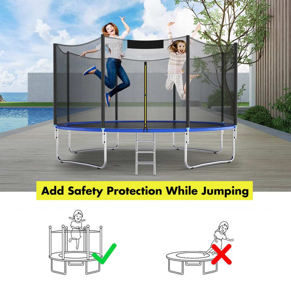 Trampoline replacement protection enclosure net with zipper, 12 ft, featuring safety buckles and durable PE material.