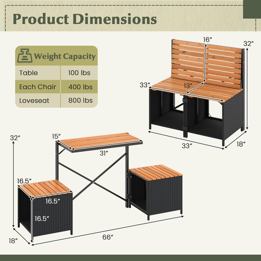 Dimensions of the 2-in-1 transforming picnic table and chairs set with storage, featuring PE rattan and acacia wood.