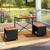Transforming picnic table with two storage chairs, made of acacia wood and PE rattan, perfect for outdoor patios.