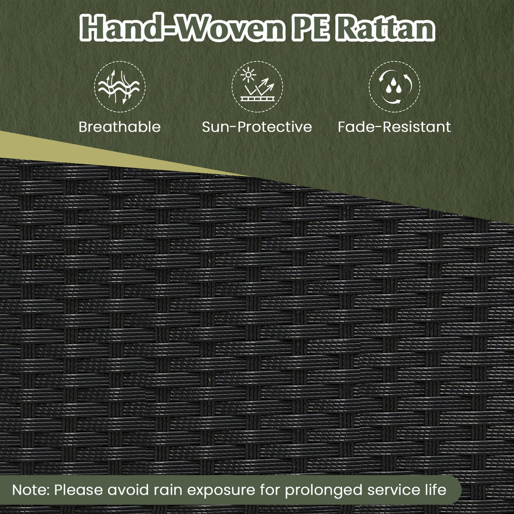 Close-up of hand-woven black PE rattan, sun-proof and fade-resistant, ideal for outdoor picnic table and chairs set.