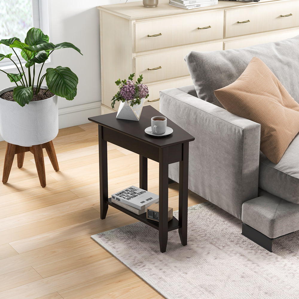 2-Tier Wedge Narrow End Table with Storage Shelf and Solid Wood Legs-Espresso - Gallery View 1 of 8