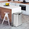 Stainless steel 12-gal trash can with soft-closing lids, ideal for kitchen use, featuring a space-saving slim design.