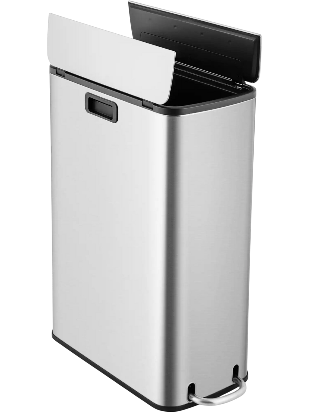 Stainless steel 12-gal trash can with soft-closing wing lids, ideal for kitchen or office, featuring a space-saving.