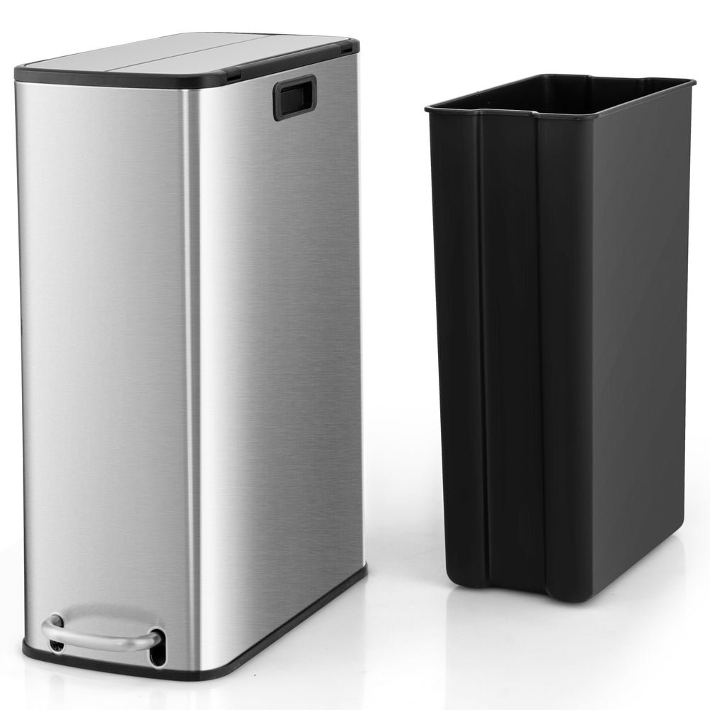 Stainless steel 12-gal trash can with soft-closing wing lids and removable inner bucket for kitchen or office use.