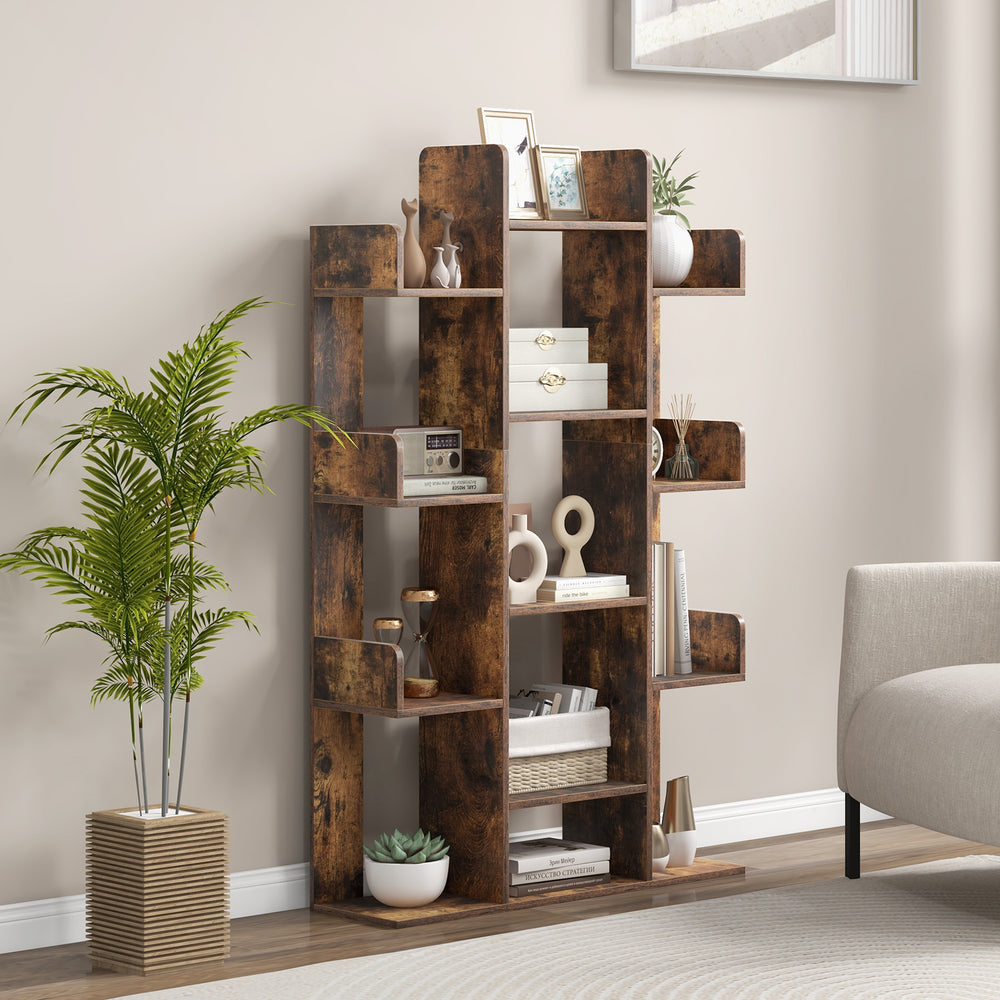 Tree-shaped bookshelf in rustic brown with 13 compartments, perfect for organizing home office or living room decor.