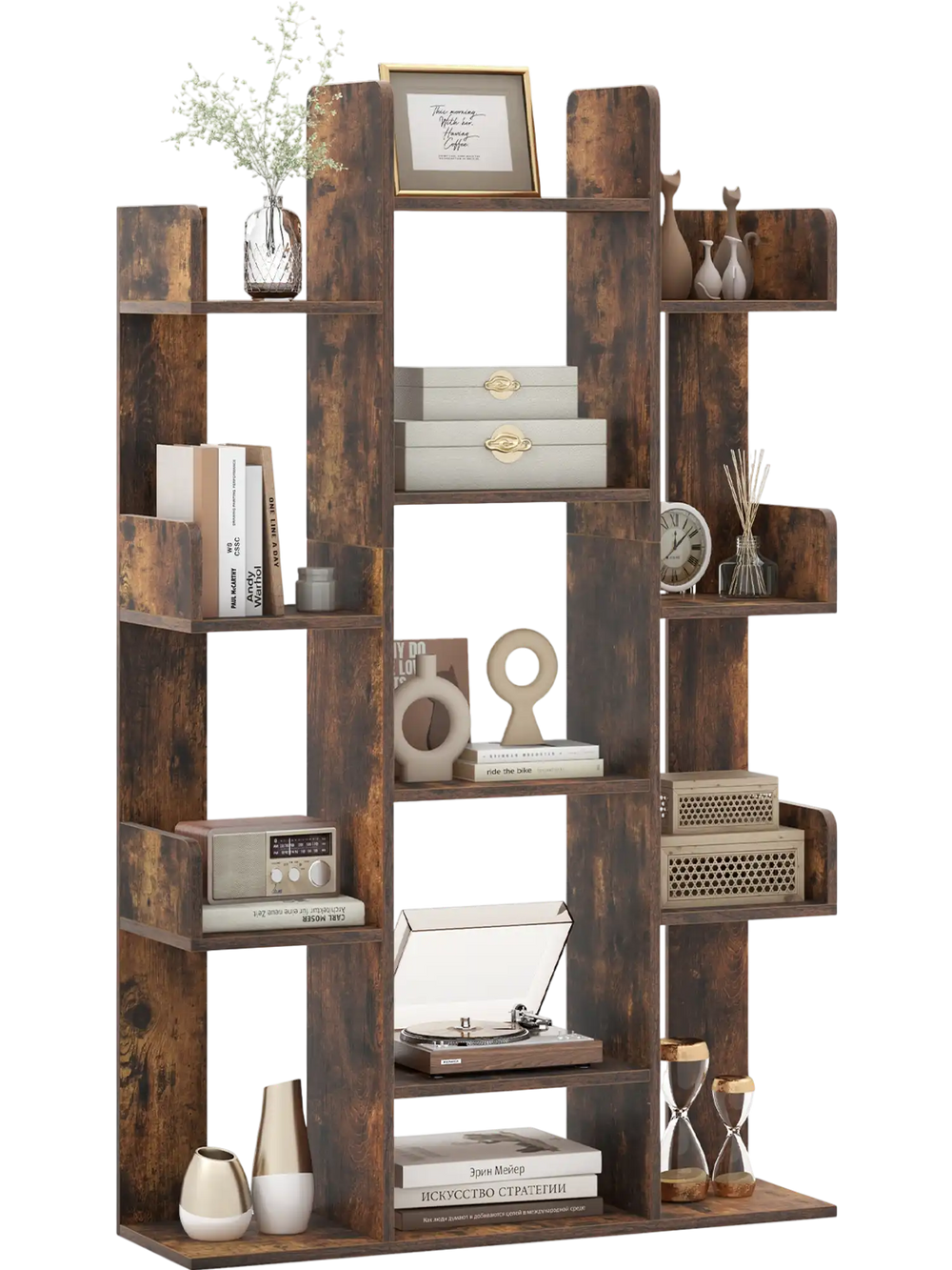 Tree-shaped bookshelf in rustic brown with 13 compartments, ideal for home office organization and display.