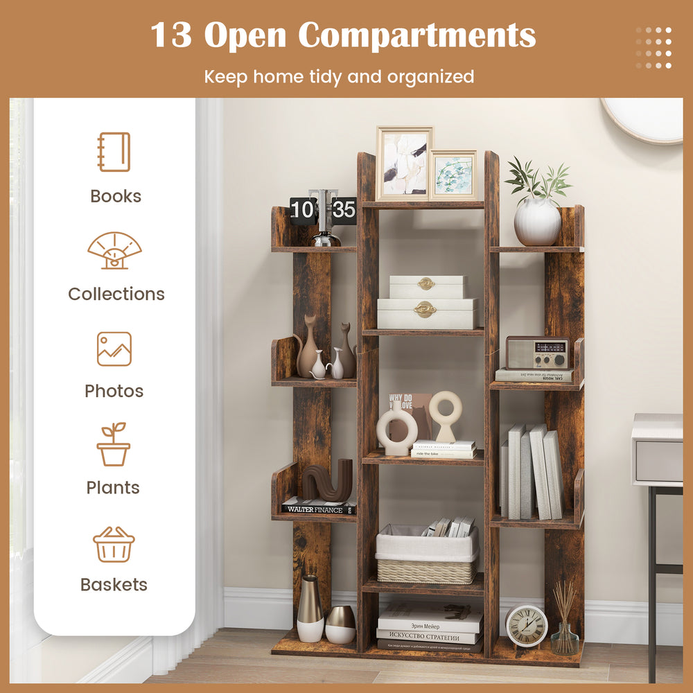 Tree-shaped bookshelf in rustic brown with 13 open compartments, ideal for organizing books and decor in any room.