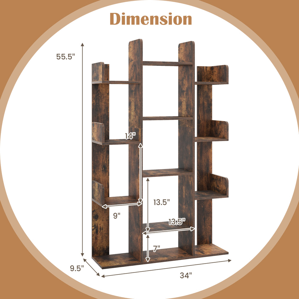 Tree-shaped bookshelf in rustic brown with 13 compartments, dimensions 55.5"x34"x9", ideal for home office organization.