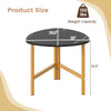 Triangle coffee table with black top and yellow metal legs, featuring a unique triangular design for versatile use.