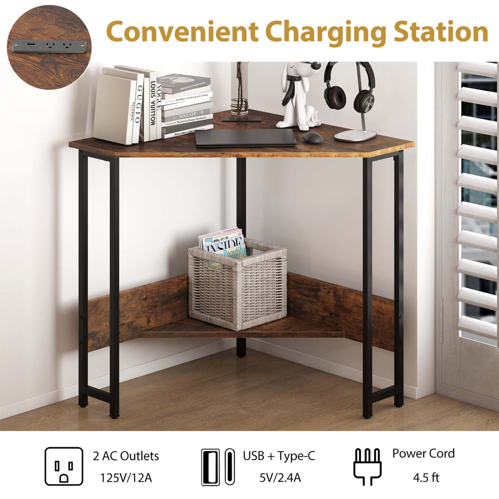 Triangle computer corner desk in rustic brown with charging station, featuring 2 AC outlets and USB ports for.