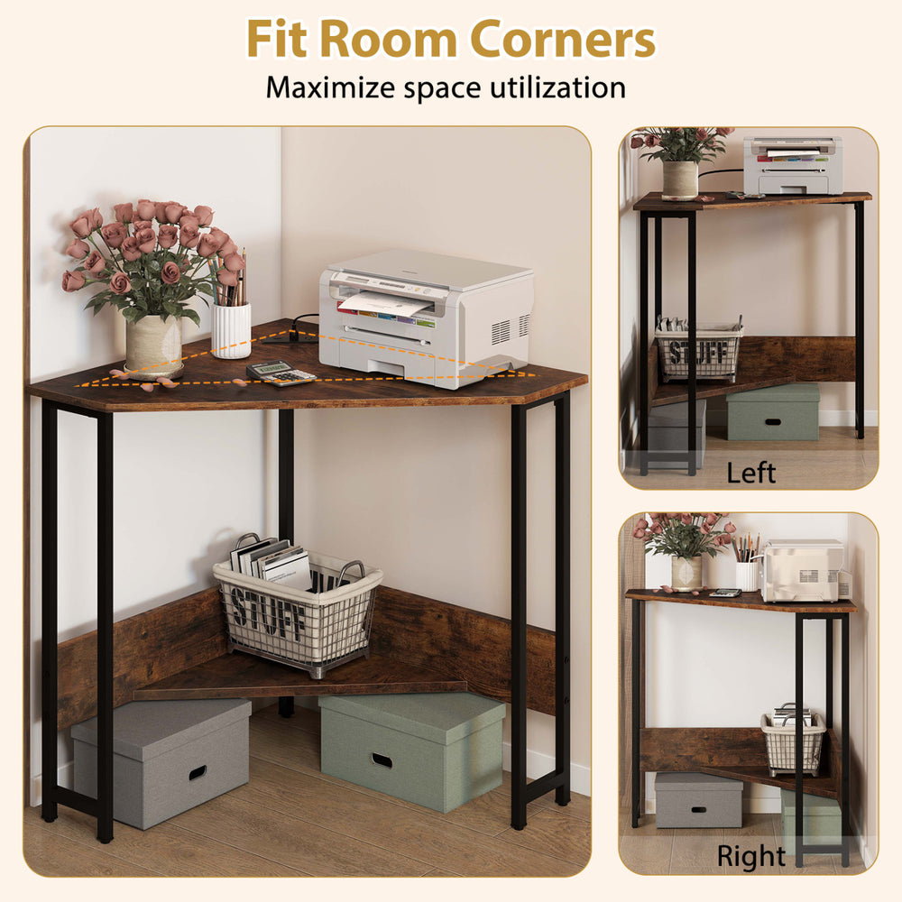 Rustic brown triangle computer corner desk with stylish open shelf and sturdy steel legs, perfect for maximizing corner.