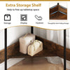 Triangle computer corner desk in rustic brown with extra storage shelf, ideal for small spaces and versatile use.