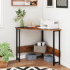 Triangle computer corner desk in rustic brown with charging station, ideal for small spaces and stylish home offices.