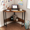 Triangle computer corner desk in rustic brown with charging station, ideal for small spaces and modern decor.
