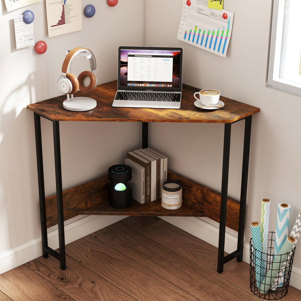 Triangle Computer Corner Desk with Charging Station-Rustic Brown - Gallery View 1 of 10