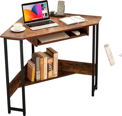 Costway Triangle Corner Desk Charging Station Keyboard Tray Storage Shelf Rustic Brown 37681290 New