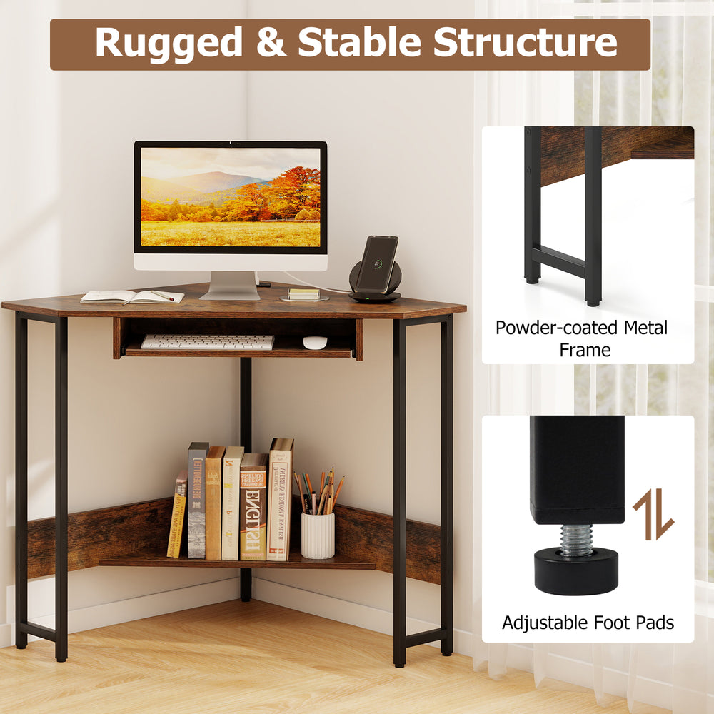 Triangle corner desk in rustic brown with charging station, keyboard tray, and adjustable foot pads for stability.